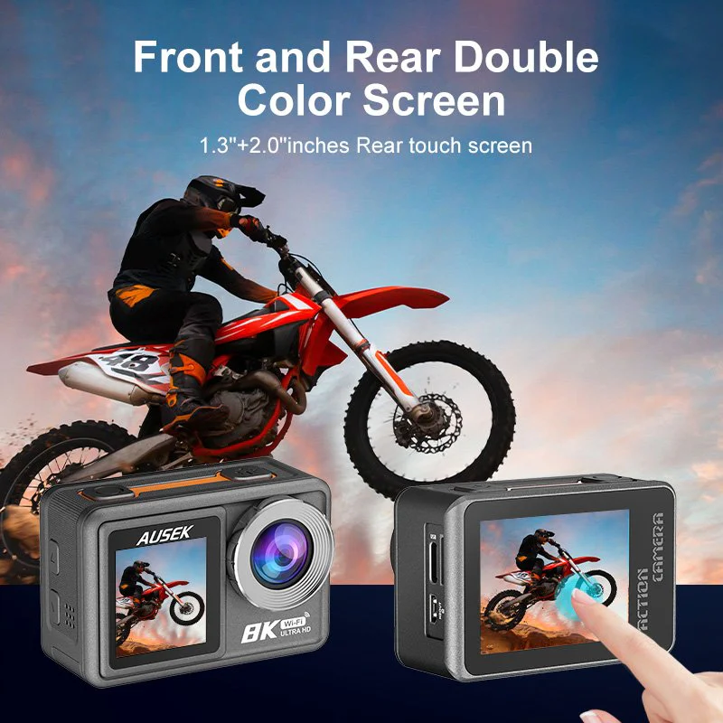 AT-M86 action camera dual-screen detail for selfie framing