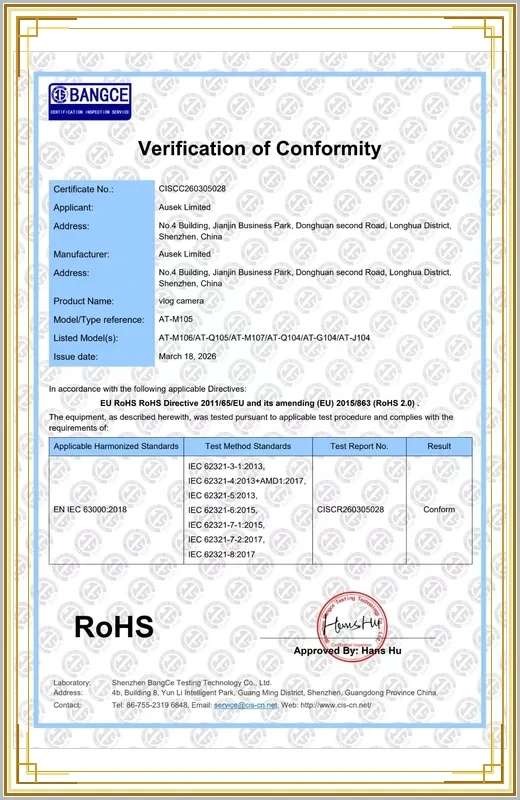 AUSEK Vlog Camera RoHS Certificate