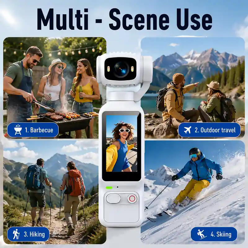 AT-H32 pocket camera shown in travel, riding and daily recording scenes