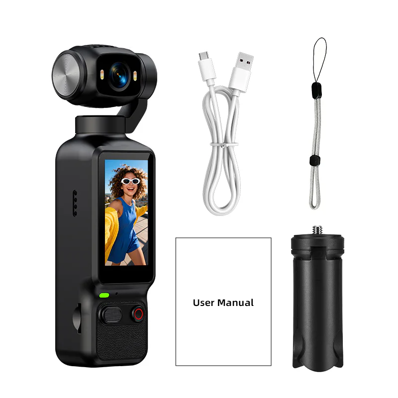 AT-H32 black pocket camera accessory set with cable, lanyard, manual and support