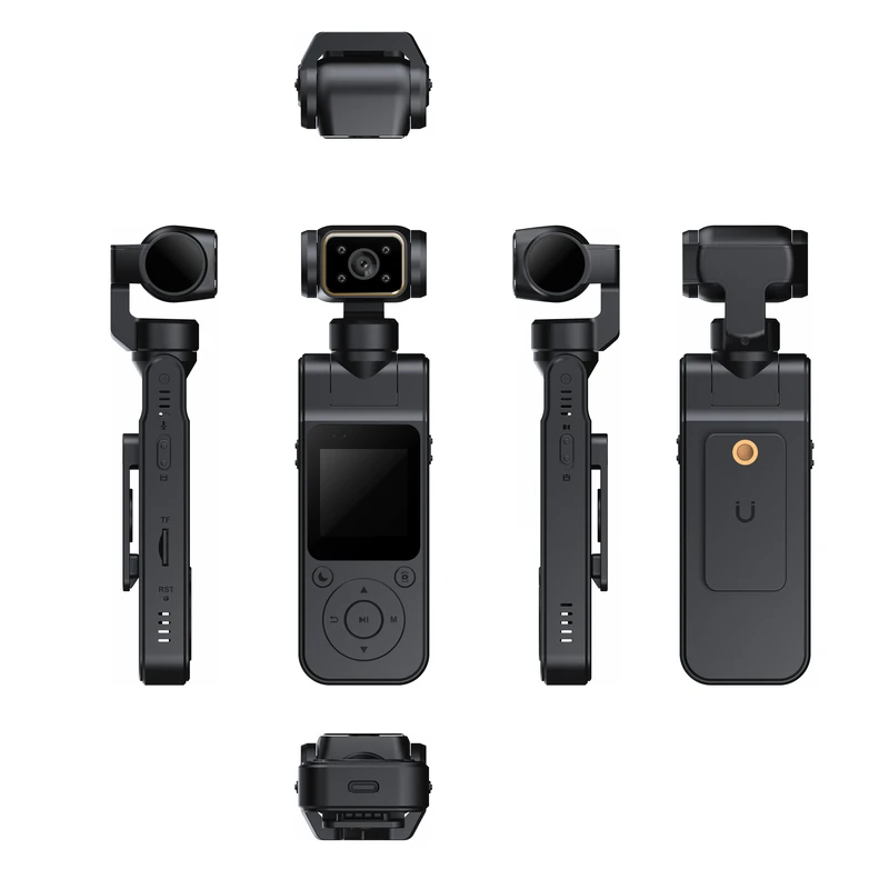 AT-J104 black pocket camera multi-angle body and port views AT-J104 black pocket camera multi-angle body and port views