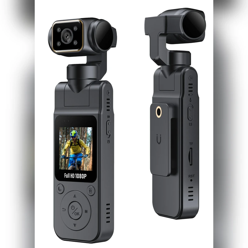 AT-J104 black pocket camera front and rear views with rotating lens